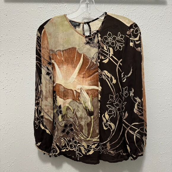 CITRON Floral Asian Art Print Silk Pleat Blouse Size S Crew Neck Long Sleeve - Picture 1 of 11